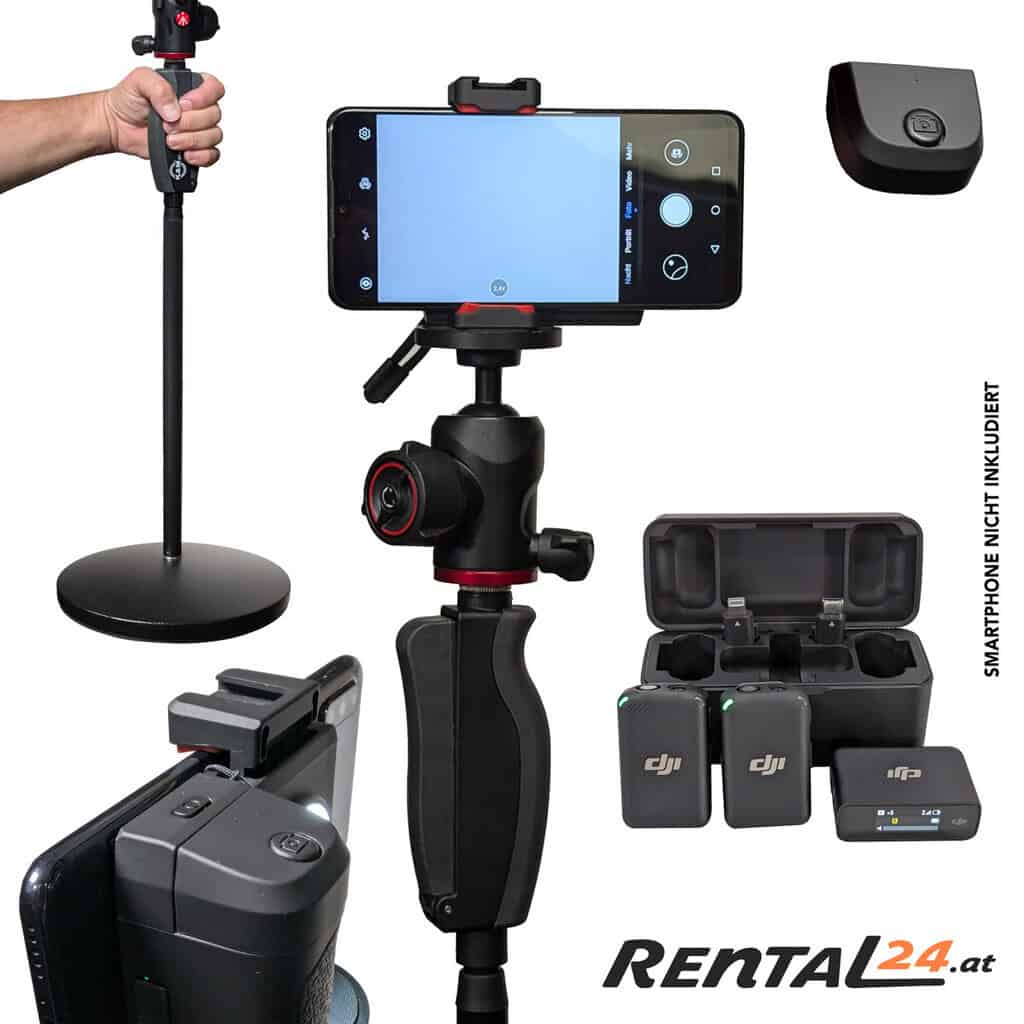 Smartphone_Halterung_Set Smartphone Film und Foto Set mit höhenverstellbarem Stativ, Kamerafunkmikrofon, LED Licht und Funkauslöser.