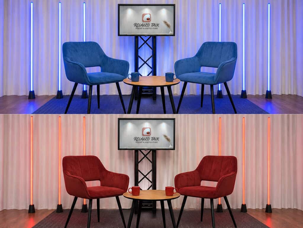 Talkstudio2_mixed_red_blue Podcaststudio Wien mit LED Stableuchten