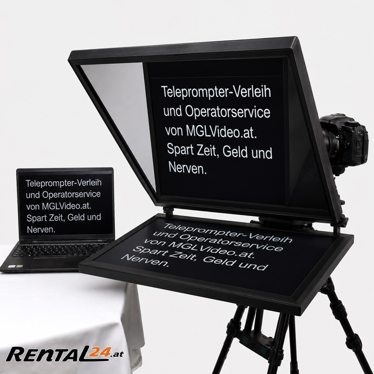 teleprompter22inch_rental24 22" Kamera-Teleprompter XL High-Brightness Set inkl. Notebook